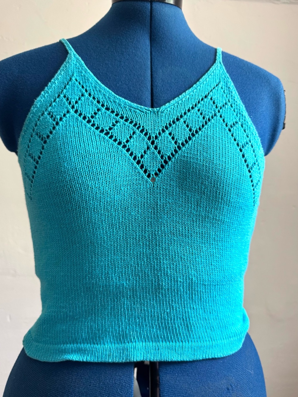 Vintage Charivari Turquoise Cotton Knit Open knit Detail Cami Tank Top